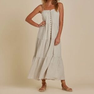 Rylee + Cru Linen Laurel Plaid Tiered Spaghetti Strap Maxi Dress, Med